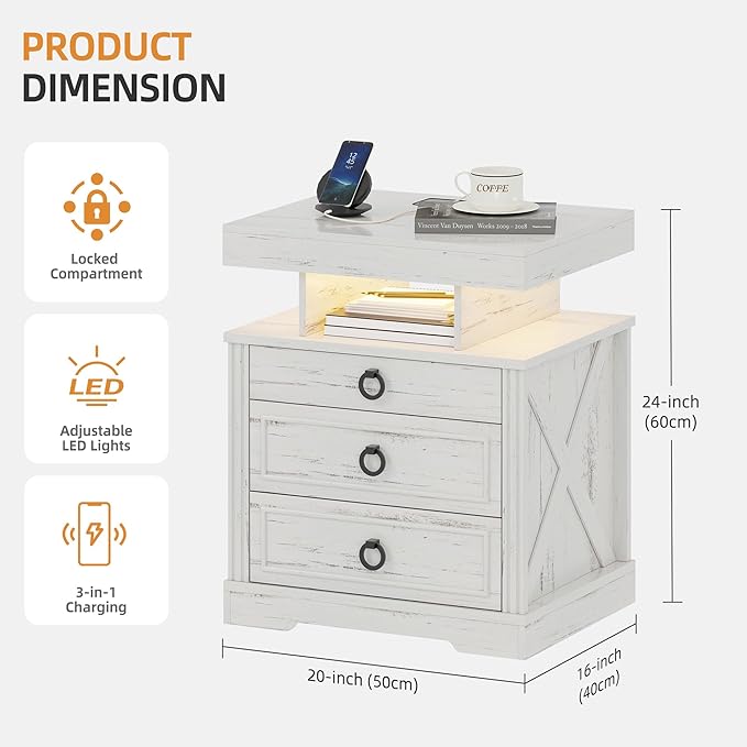 Gurexl Farmhouse Set of 2 Night Stand with Lockable Gun Drawer,LED Nightstand with Charging Station,Bedside Table with Human Sensor 3-Color Lights,End Table with 3 Drawers,Bedroom,White