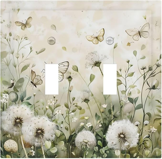 Dandelions Butterflies Watercolor Wildflowers Floral Decorative Switch Plates 2 Gang Double Toggle Outlet Light Switch Cover Wall Plate Electrical Faceplate for Bedroom Living Room Decor