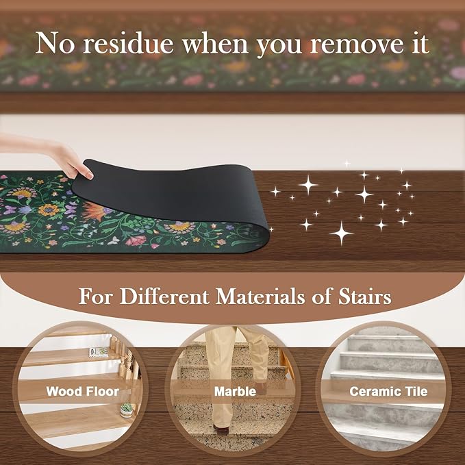 OJIA Floral Stair Treads Non Slip Stair Runners for Wooden Steps Indoor, 15PCS 8"x30" Rubber Backing Carpet Treads for Wood Stairs Staircase Step Treads for Kids & Dogs, Stair Covers, Green