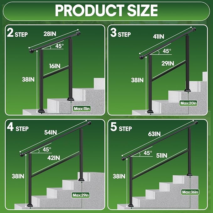 2-Step Outdoor Stair Handrail Kit, Heavy Duty Aluminum Alloy Adjustable Height with Powder Coated Black Metal Finish Complete Installation Hardware & Tools Included for Concrete Porch Deck Brick