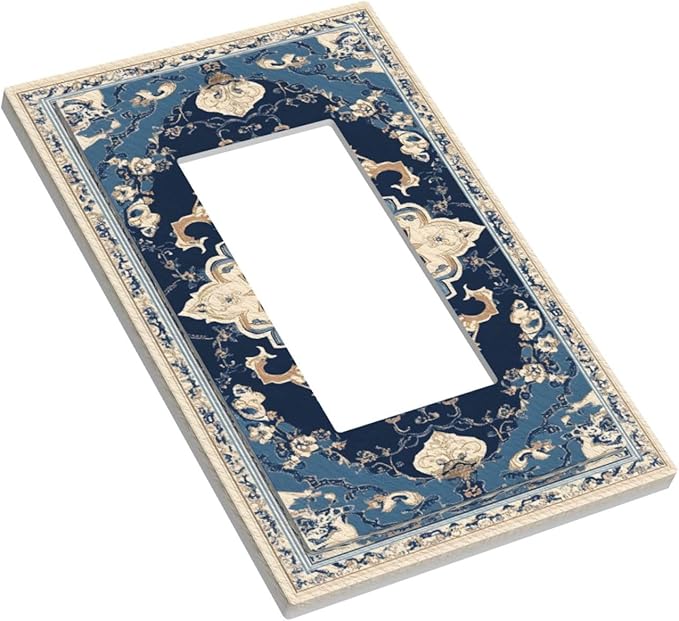 Decorative Outlet Covers Boho Beige Navy Blue Medallion 1 Gang Rocker Light Switch Cover Plate Single Gfci Light Switch Covers Wall Plate for Country Bathroom Bedroom Decor