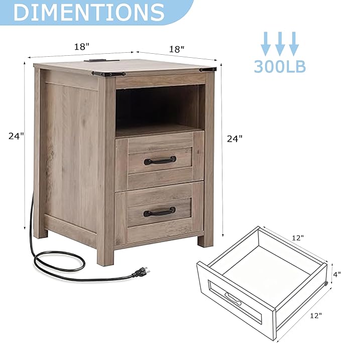 Sierra Night Stand Set of 2, Rustic End Table with Charging Station, Farmhouse Tall Nightstand for Bedroom, Drawer Dresser Bedside Table with Open Storage Shelf