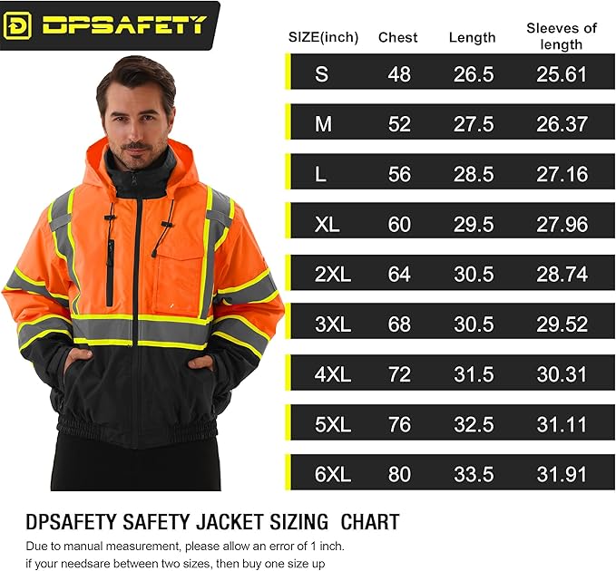 Hi Vis Safety jacket for men,Reflective high Visibility Hooded jacket,Work Bomber Jacket with Pockets and Zipper,Waterproof,ANSI Class 3 Black Bottom Tangerine,5XL