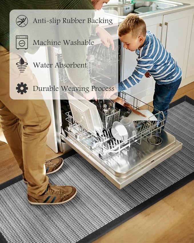 PADOOR Non Slip Kitchen Rugs Sets of 3 - Extra Large 2.5'x6' + 20"x32" + 20"x32" Runner Rugs for Kitchen Floor Non Skid Washable, Absorbent Kitchen Mat for in Front of Sink 3 Piece Black