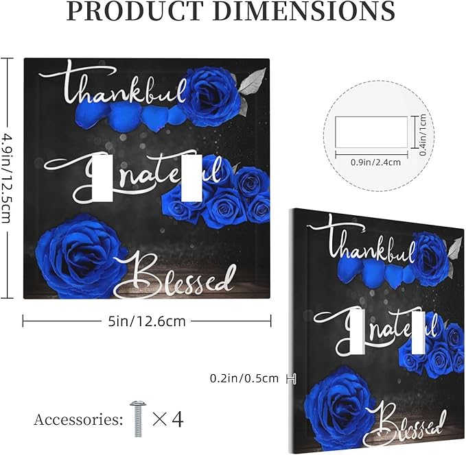 Light Switch Cover Blue Rose Thankful Grateful Blessed 2 Gang Wall Plate Double Light Switch Plate Romantic Blue Floral Toggle Decorative Outlet Covers Electrical Switchplate for Home Decor
