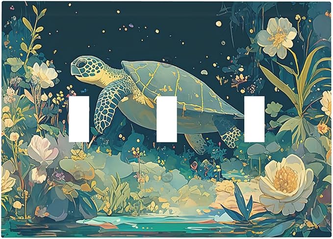 Decorative Switch Plates Fantasy Sea World Sea Turtle Floral Plant 3 Gang Wall Plate Triple Toggle Light Switch Cover Faceplate Electrical Wall Panels for Kids Room Nursery Decor