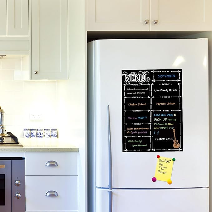 Magnetic Menu Board for Fridge, LiebHome Dry Erase Weekly Menu Planner/Family Calendar 16" x 12" with Grocery List and Notes (Black with 8 Markers)