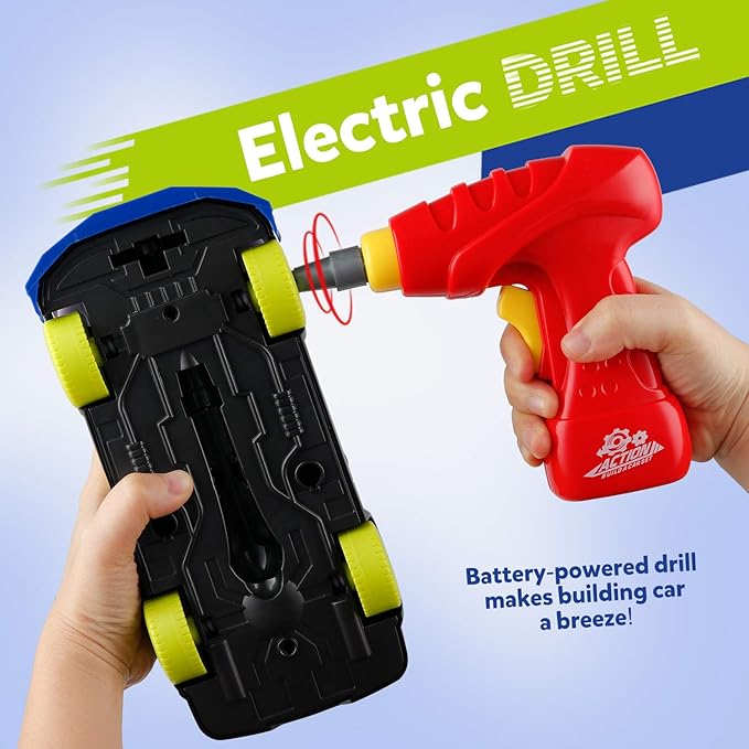 Coogam Take Apart Racing Car with Electric Screwdriver Tool, Fine Motor Skill Toy Car Construction Set STEM Building Learning Game with Light and Sound Gifts for Year Old Boys and Girls