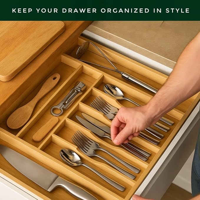Bamboo Drawer Organizer – Expandable 9 Slot Silverware & Utensil Tray for Kitchen, Office & Kitchen – Fits 13”–19.6” Drawers, Natural Bamboo Wood, Deep Compartments - Durable & Eco-Friendly