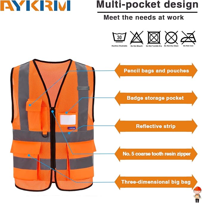 A-SAFETY High Visibility Mesh Safety Reflective Vest with Pockets and Zipper,Hi Vis Viz Reflective Safety Vest(Orange Mesh 6XL-8XL)