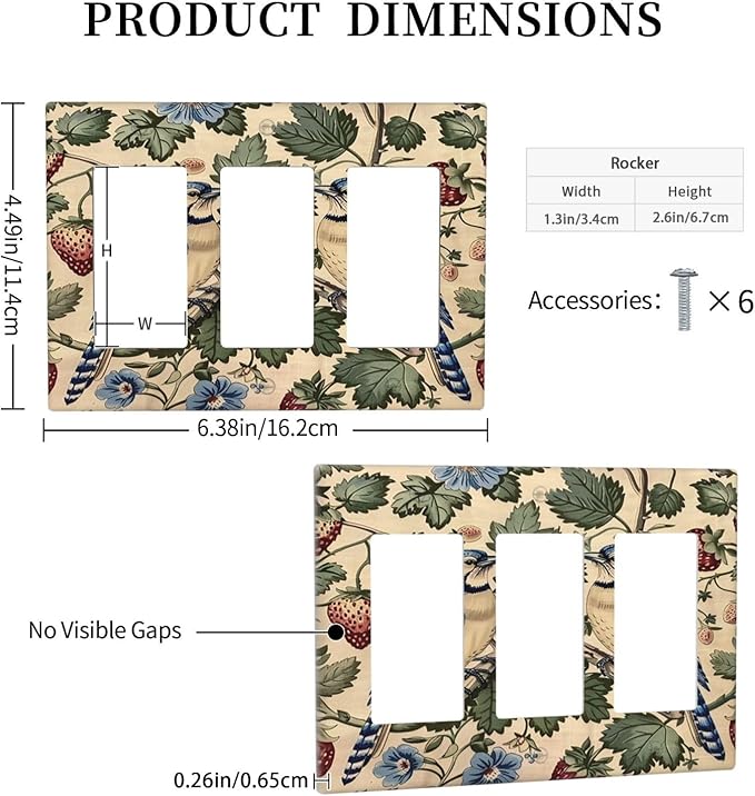 Light Switch Covers Vintage Floral Bird Strawberry Thief William Morris 3 Gang Rocker Electrical GFCI Decorative Triple Outlet Wall Plate Cover Switchplate for Bedroom Home Decor