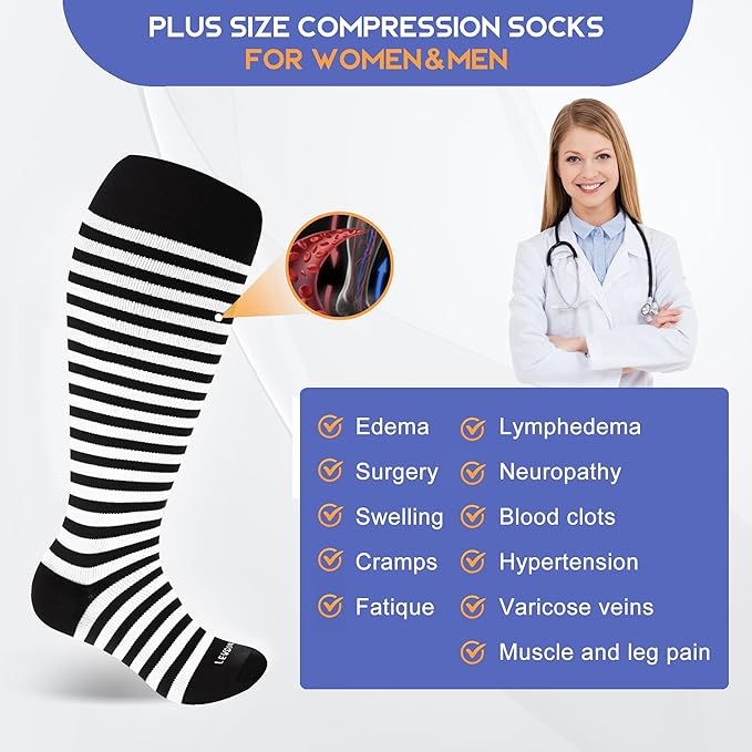 LEVSOX Plus Size Compression Socks for Women Men Wide Calf Extra Large 15-20 mmHg Knee High Sock for Nurses Pregnant Travel