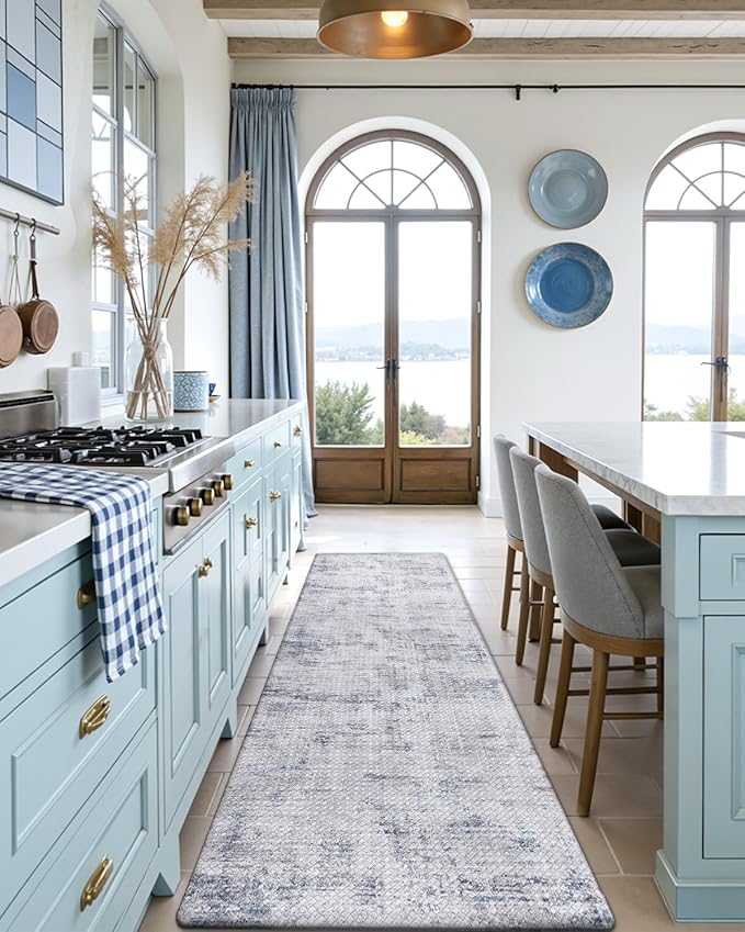DEXI Kitchen Floor Mats Cushioned Anti Fatigue, 23x59 Long Wide Standing Comfort Runner Rug, Waterproof Retro Floral Memory Foam Padded for Front Sink Laundry, Blue