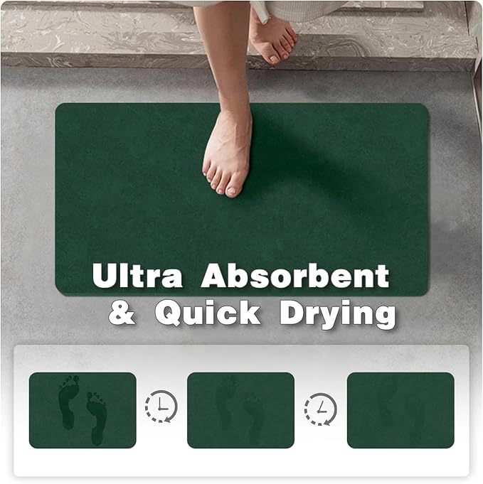 Bathroom Mat Quick Dry, Bathroom Rugs Non Slip Washable Thin Absorbent Bath Mat Fits Under Door Bathroom Floor Mat Perfect for Bath, Shower, or Sink 20"x30" Dark Green