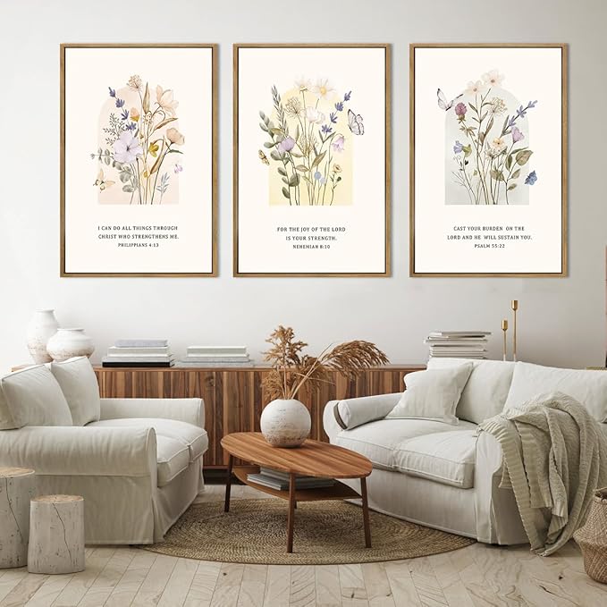 IARTTOP Large Floral Christian Wall Art Framed 16x24 Inch Set of 3 Bible Verse Scripture Artwork Minimalist Botanical Religious Canvas Wall Decor for Church Living room Bedroom