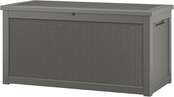 NUNU LAB Outdoor Storage Box, 320 Gallon Deck Box, Resin Waterproof Outside Storage Bench, Outdoor Storage Cabinet With Lockable Lid, Backyard Deck Box For Garden Tools, Patio Cushions, Grey