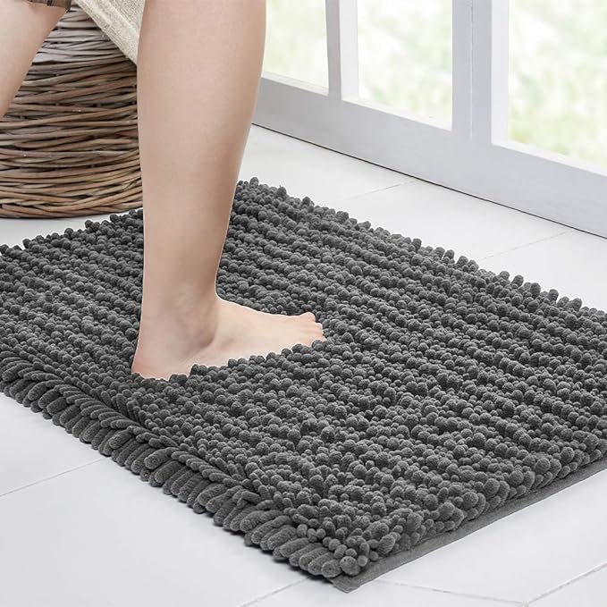 Walensee Large Bathroom Rug Non Slip Bath Mat (24x60 Inch Gery) Water Absorbent Super Soft Shaggy Chenille Machine Washable Dry Extra Thick Perfect Absorbant Best Plush Carpet for Shower Floor