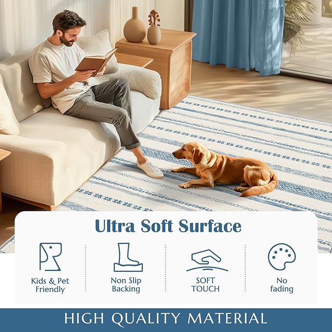 jinchan Moroccan Boho Runner Rug 2x5 - Machine Washable Non-Slip Low-Pile Soft Bohemian Runner Rug for Entryway Hallway Kitchen Bedroom Laundry Room (2‘x5', Blue)