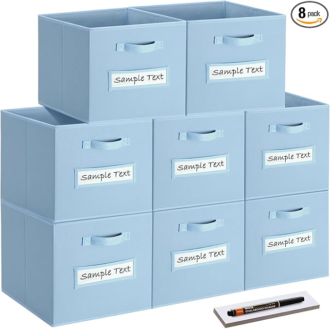 artsdi Fabric storage cubes (8 Pack) 11 Inch Cube Storage Bin, cube organizer bins with 8 Labels Window Cards & a Pen, Foldable cube organizer bins and Storage Box, Pastel Blue