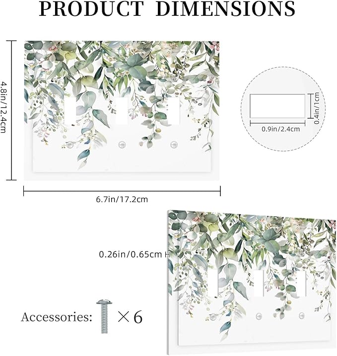 Sage Green Watercolor Eucalyptus Leaves Floral Flowers Decorative Switch Plates 3 Gang Wall Plate Triple Toggle Light Switch Cover Faceplate Electrical Wall Panels for Farmhouse Bed Room Decor