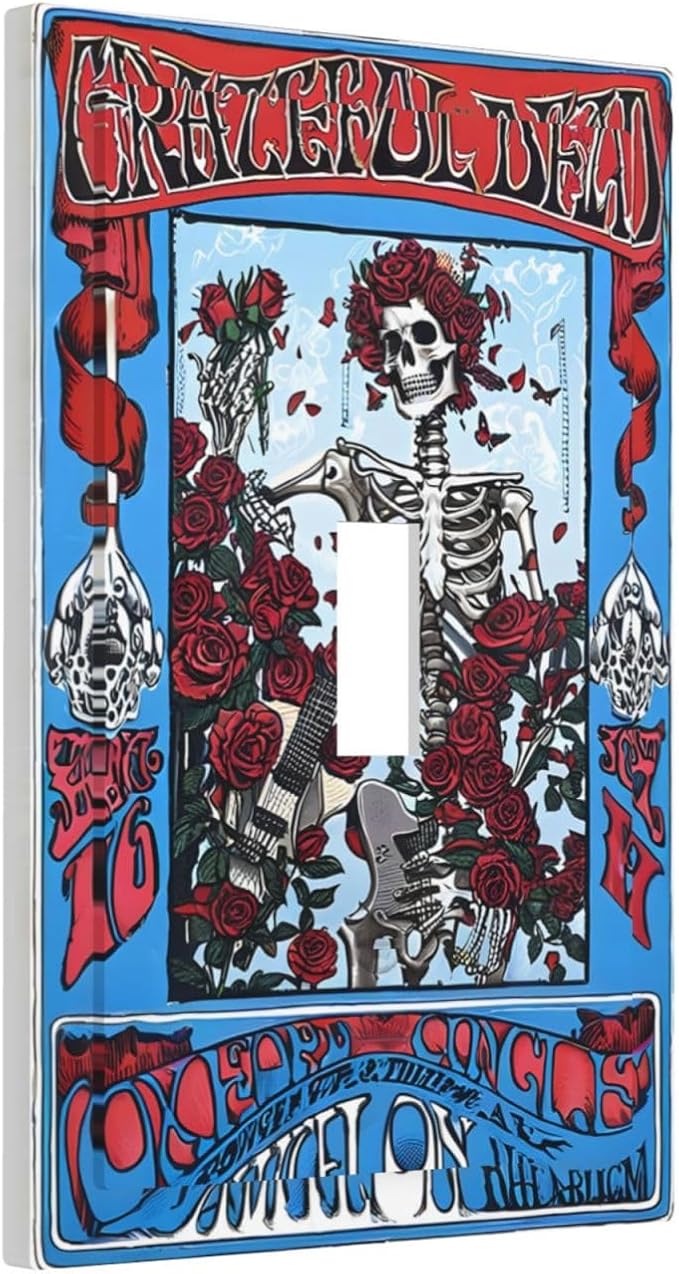Decorative Light Switch Covers Hippy Skull Red Rose Floral 1 Gang Light Switch Cover Plate Single Toggle Wall Plate Outlet Covers Wall Plate Dimmer Faceplate for Bathroom Decor
