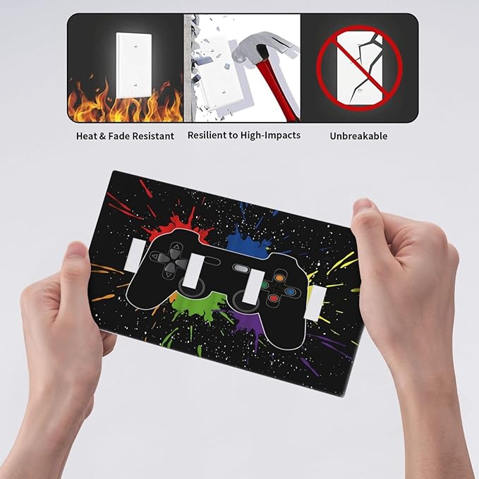Classic Videogames Controller Black Splash Ink Colorful Light Switch Covers Quad Toggle Electrical Faceplate 4 Gang Wall Plate Decorative Switch Plates Cover for Kids Room Nursery Decor