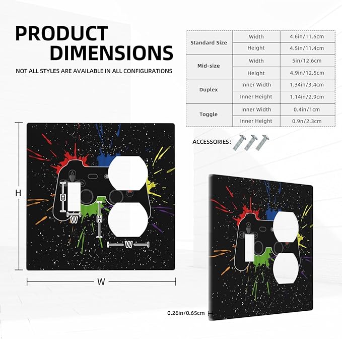 Classic Videogames Controller Black Splash Ink Colorful Wallplates 1 Toggle 1 Duplex Switch Plate Electrical GFCI Faceplate Decorative Light Switch Covers for Kids Room Nursery Decor