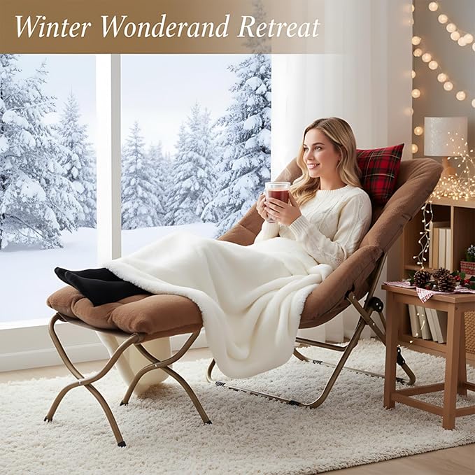 Tiita FoldedChair with Ottoman, Soft Faux Fur Oversized Folding Accent Chair,Lounge Lazy Chair, Metal Frame Moon Chair for Bedroom, Living Room, Dorm Rooms, Garden and Courtyard