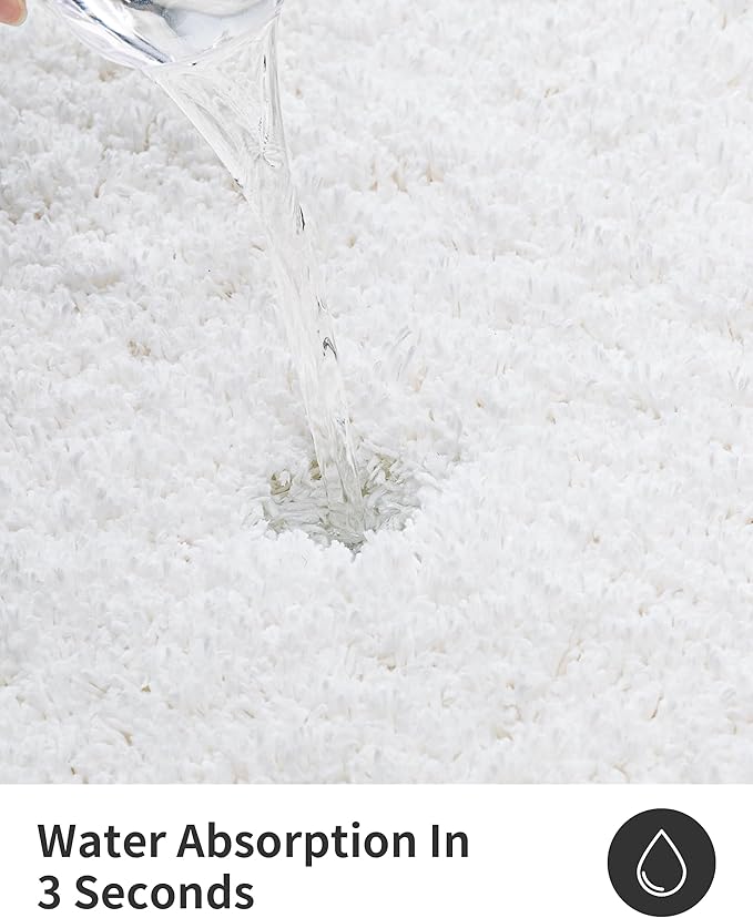 ILANGO White Bathroom Rugs 32" × 20" Non Slip & Super Absorbent Extra Thick Soft, Washable Bath Mat for Floor, Microfiber Plush Shaggy Bath Rug with Rubber for Bathtub Shower Room Sink