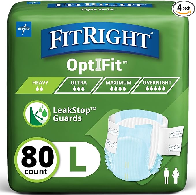 FitRight Adult Diapers, Extra+ Heavy Absorbency, L (Waist Size 44in-56in), 80 Count, OptiFit Incontinence Briefs for Men and Women, Disposable, Moisture-Wicking, Leak Protection.