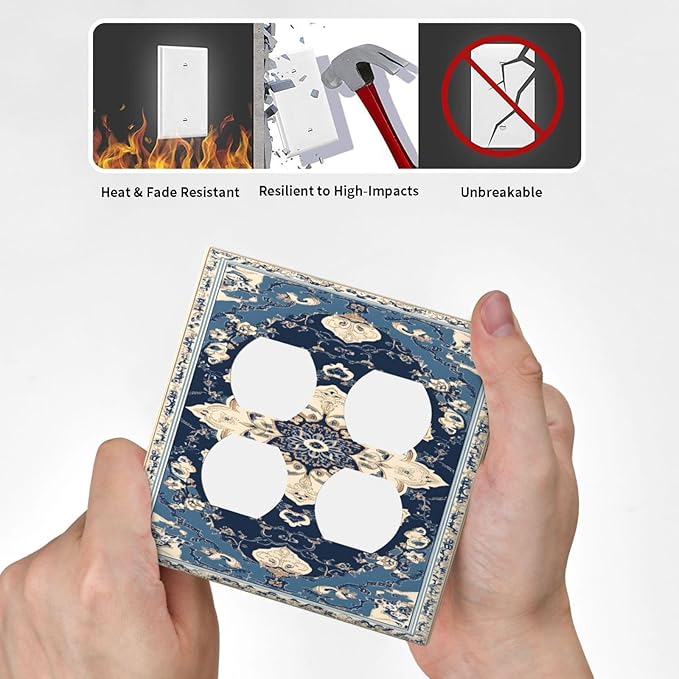 Decorative Switch Plate Covers Boho Beige Navy Blue Medallion 2 Gang Outlet Covers Double Duplex Light Switch Cover Plate Gfci Wall Plate for Country Bathroom Bedroom Decor