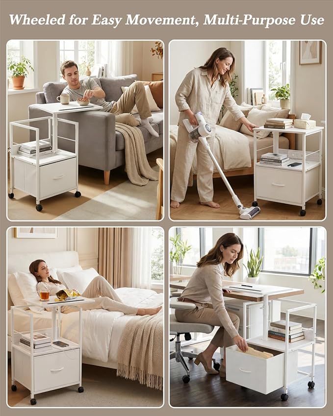 Swivel Lift Top Nightstand with Charging Station, 2-Tier 360° Adjustable Bedside Table, Rolling Night Stand with Wheels, Small End Table with Fabric Drawer, for Bedroom, Living Room, White