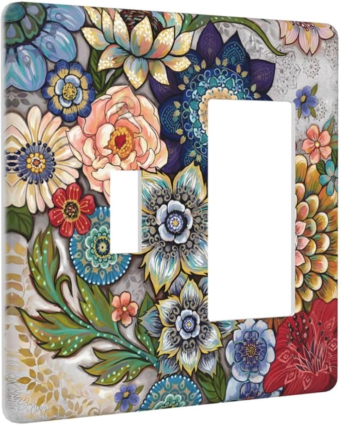 Boho Floral Colorful Floral Multi Color Flower Outlet Covers 1 Toggle 1 Rocker Combination Decorative Wall Plate Electrical Switch Plates Light Switch Cover Plate for Bedroom Living Room Home Decor