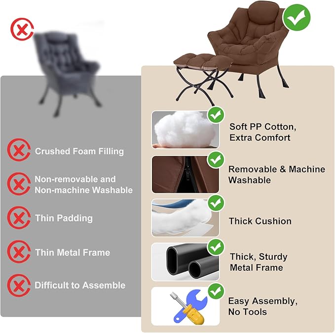 Lazy Chair with Ottoman, Modern Chair with Folding Footrest, Lounge Accent Chair, Comfortable Reading Chair (Dark Brown)