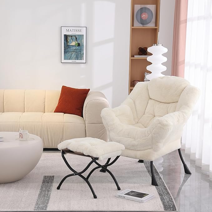 Lazy Chair with Ottoman, Modern Accent Lounge Armchair with Side Pocket & Foldable Footstool, Leisure Reading Chair for Living Room, Bedroom, Dorm & Office, Plush Beige