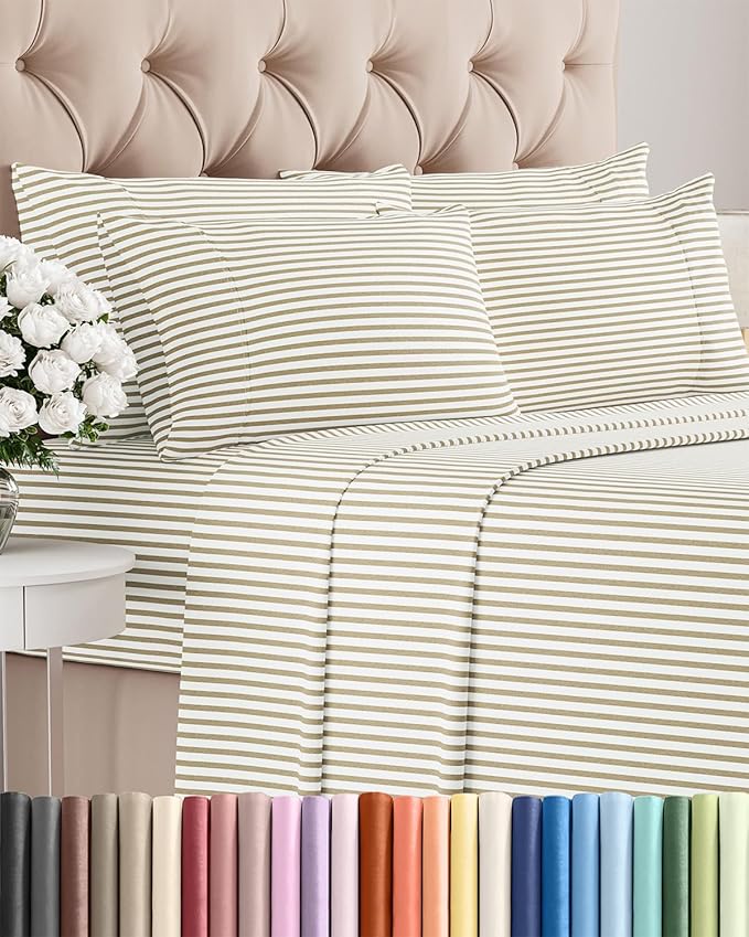 Cal King 6 Piece Sheet Set - Cooling, Comfy & Breathable - Hotel Luxury Bedding for Women, Men, Kids & Teens - 1 Flat & 1 Fitted Sheet & 4 Pillowcases with Deep Pockets - Wrinkle Free - Beige Stripes