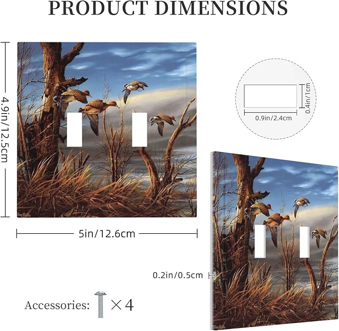 Hunting Flying Wild Ducks Double Toggle Light Switch Covers Decorative 2 Gang Wall Plate Covers Fall Lakeside Reed Wildlife Animal Mallard Dual Device Electrical Switchplate for Bathroom Decor