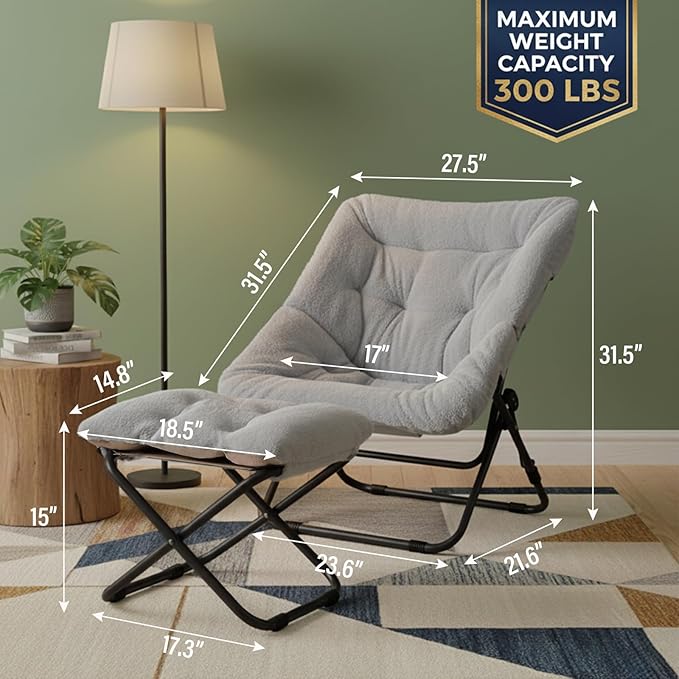 Tiita Folded Chair with Straight Ottoman, Soft Faux Fur Oversized Folding Accent Chair,Lounge Lazy Chair, Metal Frame Moon Chair for Bedroom, Living Room, Dorm Rooms, Garden and Courtyard, Grey
