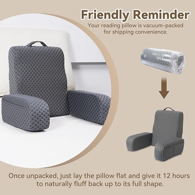 Bed Reading Pillow Back Support with Arms, Removable Pillowcase for Book Working Gaming Resting Watching TV, Gray White/20in