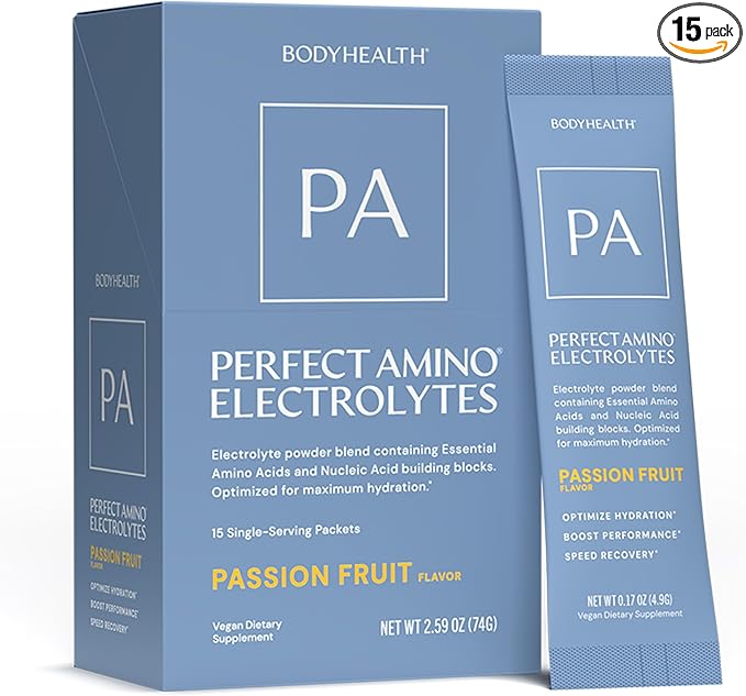 BodyHealth PerfectAmino Electrolyte Drink Mix – Passion Fruit – No Sugar, Keto & Fasting Friendly, Hydration with Trace Minerals – Stick Packs