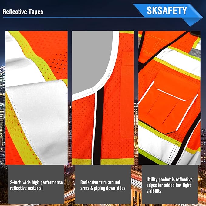 SKSAFETY 10 Pockets Professional level Safety Vest, Class 2 High Visibility Security Vest with Zipper, Hi Vis Vest with Reflective Strips, ANSI/ISEA Standard, Construction Work Vest（Orange Black, 3XL）