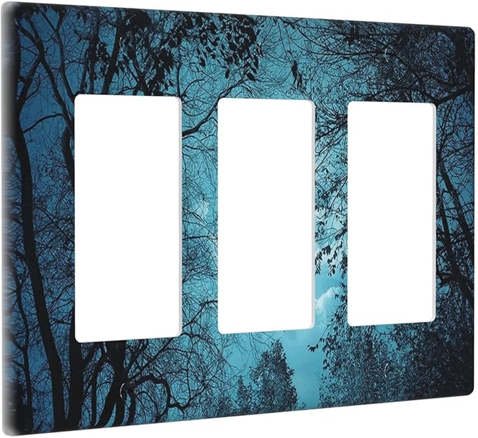 Light Switch Cover Teal Full Moon Forest 3 Gang Wall Plate Triple Light Switch Plate Turquoise Rocker GFCI Outlet Covers Decorative Receptacle Cover for Bathroom Bedroom Decor