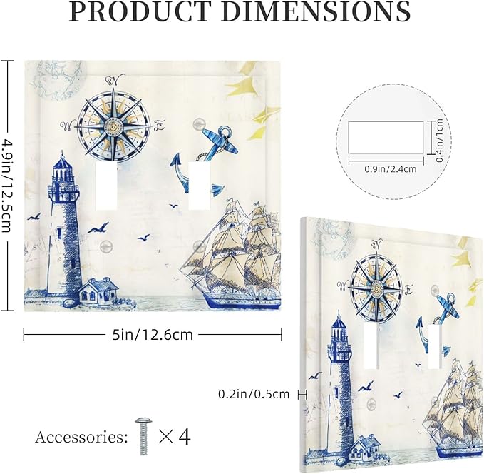 Nautical Sailboat Lighthouse Compass Anchor Double Toggle Light Switch Covers Plate Decorative 2-Gang Wall Plate Cover Rustic Dual Device Electrical Switchplate Faceplate for Country Bathroom