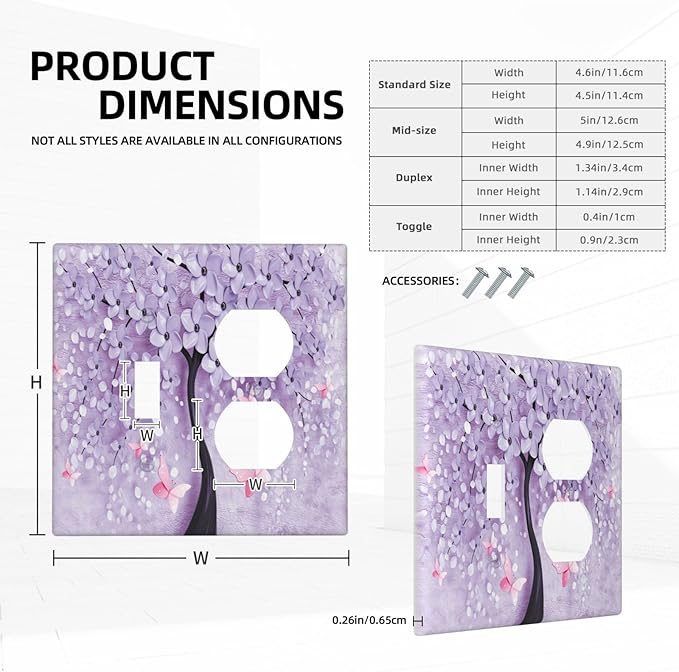 Decorative Light Switch Cover Plate 3d Purple Tree 2 Gang Outlet Covers 1 Toggle 1 Duplex Wall Plate Decorate Electrical Switch Plate Covers for Bedroom Bathroom Decor