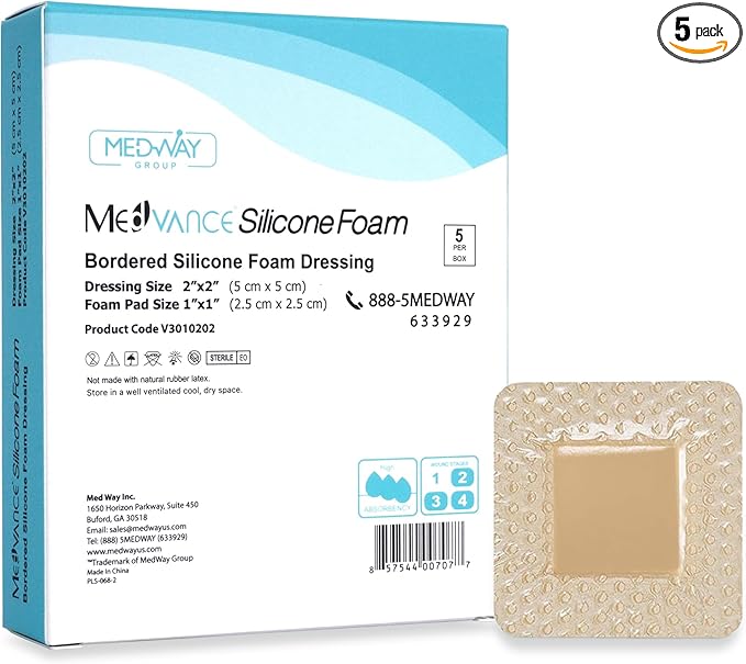 MedVanceTM Silicone - Bordered Silicone Adhesive Foam Dressing Size 2"x2" (1"x1" Pad), Box of 5 dressings