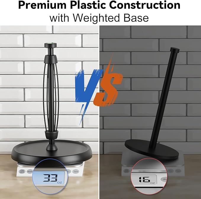 Countertop Paper Towel Holder - One-Handed Tear with Ratchet Mechanism, Weighted Base Degradable Plastic Paper Towel Stand, Black Farmhouse Kitchen Bathroom Decor Accessories