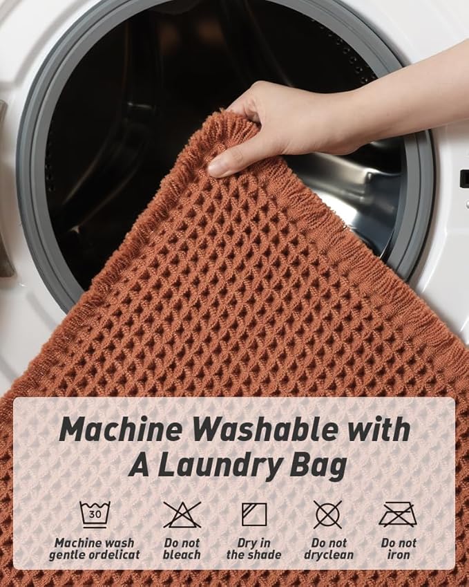 Upgraded Waffle Runner Rug Super Absorbent Non Slip Bath Mats for Bathroom Machine Washable Bathroom Runner Rug with Tassels, Ideal for Hallway Bedroom Laundry Room, Dirty Orange, 2' x 5'(24" x 60")
