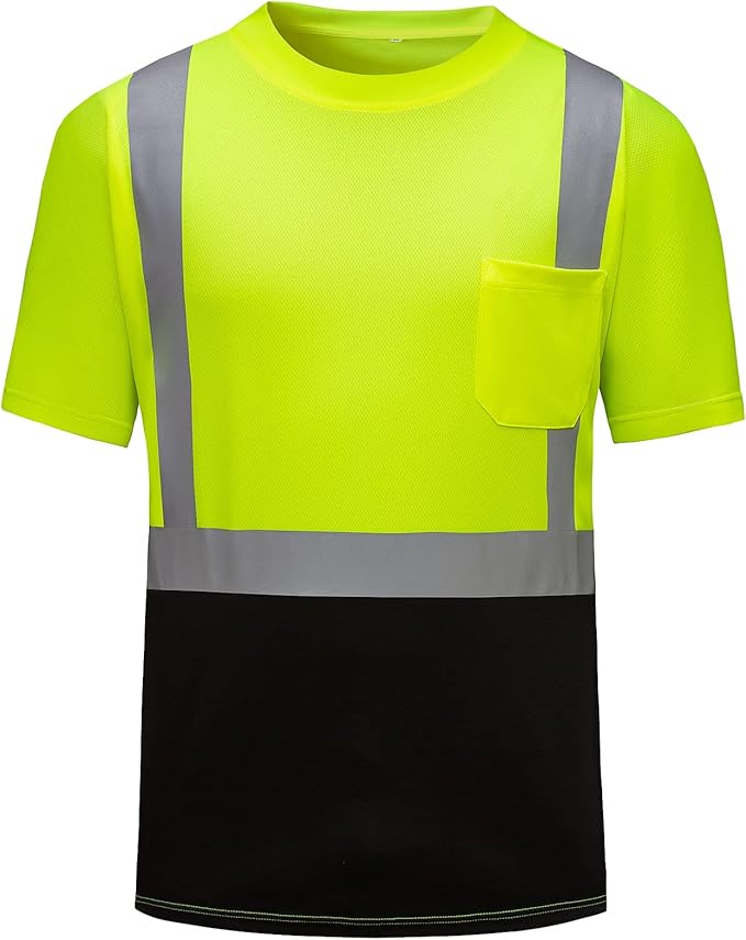 High Visibility Shirts Quick Dry Safety T Shirts with Reflective Strips and Pocket Short Sleeve Mesh Hi Vis Construction Work Class 2 Shirt for Men/Women Black Bottom Lime,3XL