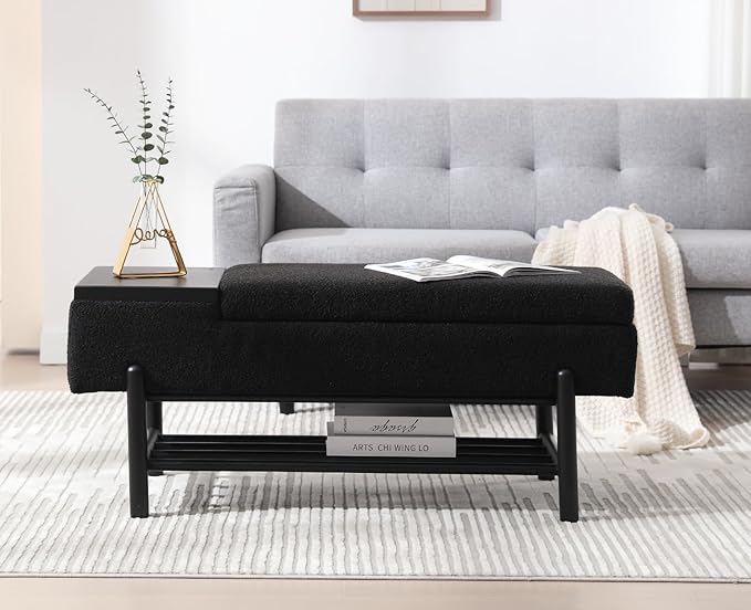 EALSON Modern Storage Bench for Bedroom End of Bed Sherpa Ottoman Bench with Storage Upholstered Entryway Bench with Wood Shoe Rack Farmhouse Long Seating Bench for Hallway/Foyer, Black