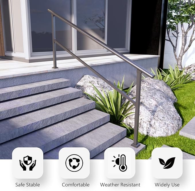 DIYHD 7 Step Handrail for Outdoor,Powder Coated Iron Stair Railing,Black Hand Rails for Indoor, Porch,Deck,1 Pack